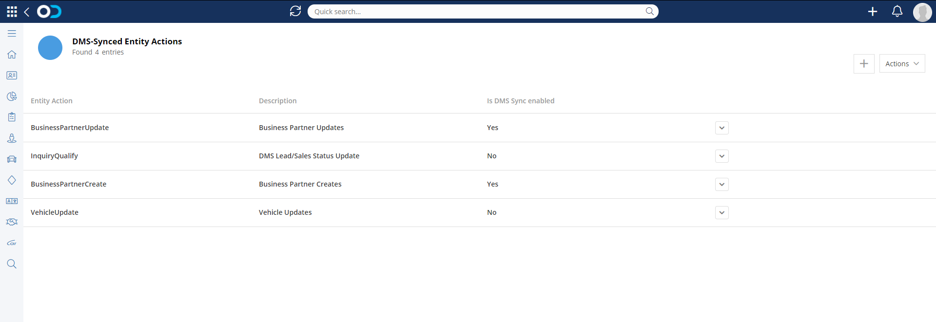 DMS Synced Entity Actions GridList page